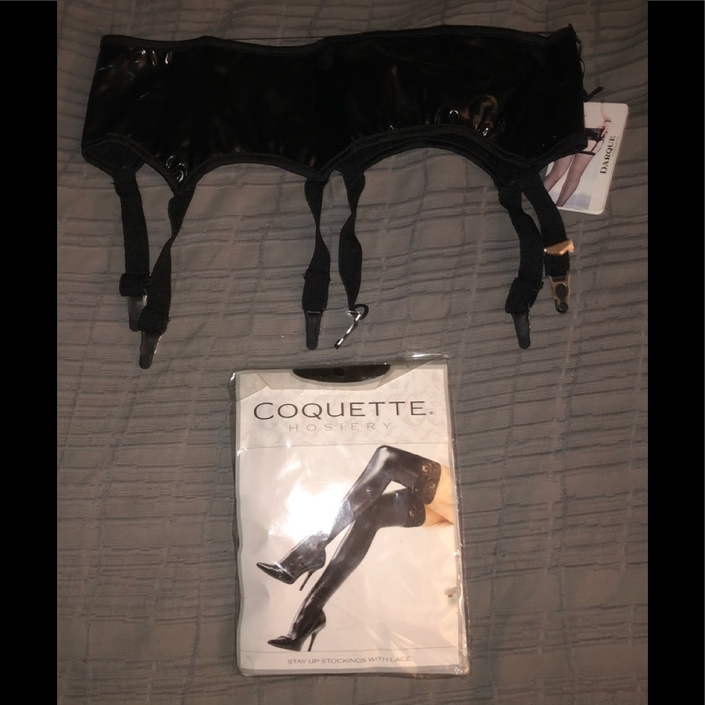 Black Latex Garter Belt XL + Thigh High stockings Goth Cosplay shiny NWT